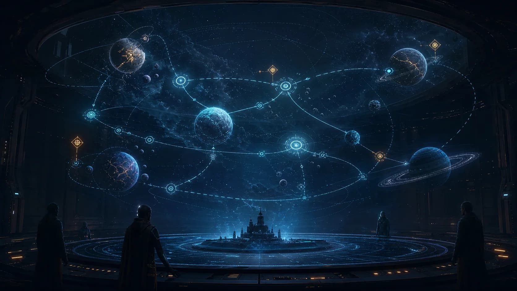 Original concept illustration of a holographic campaign map with connected mission routes