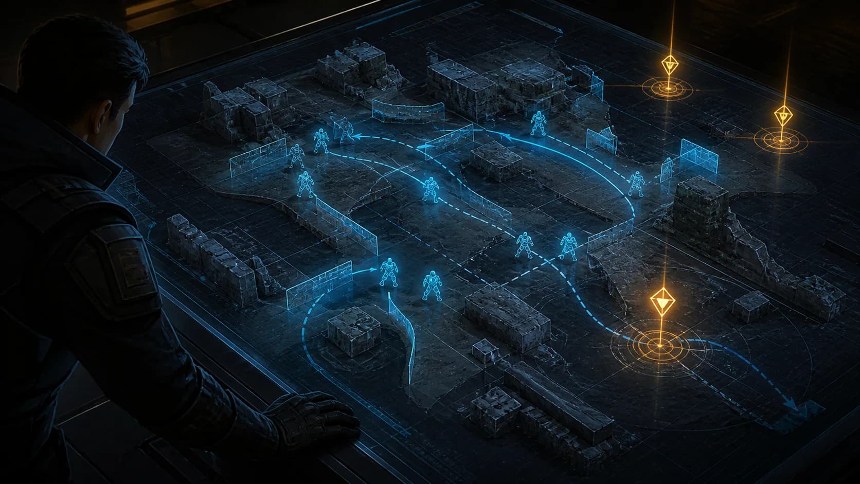 Original concept illustration of a tactical battlefield plan with cover positions and movement routes