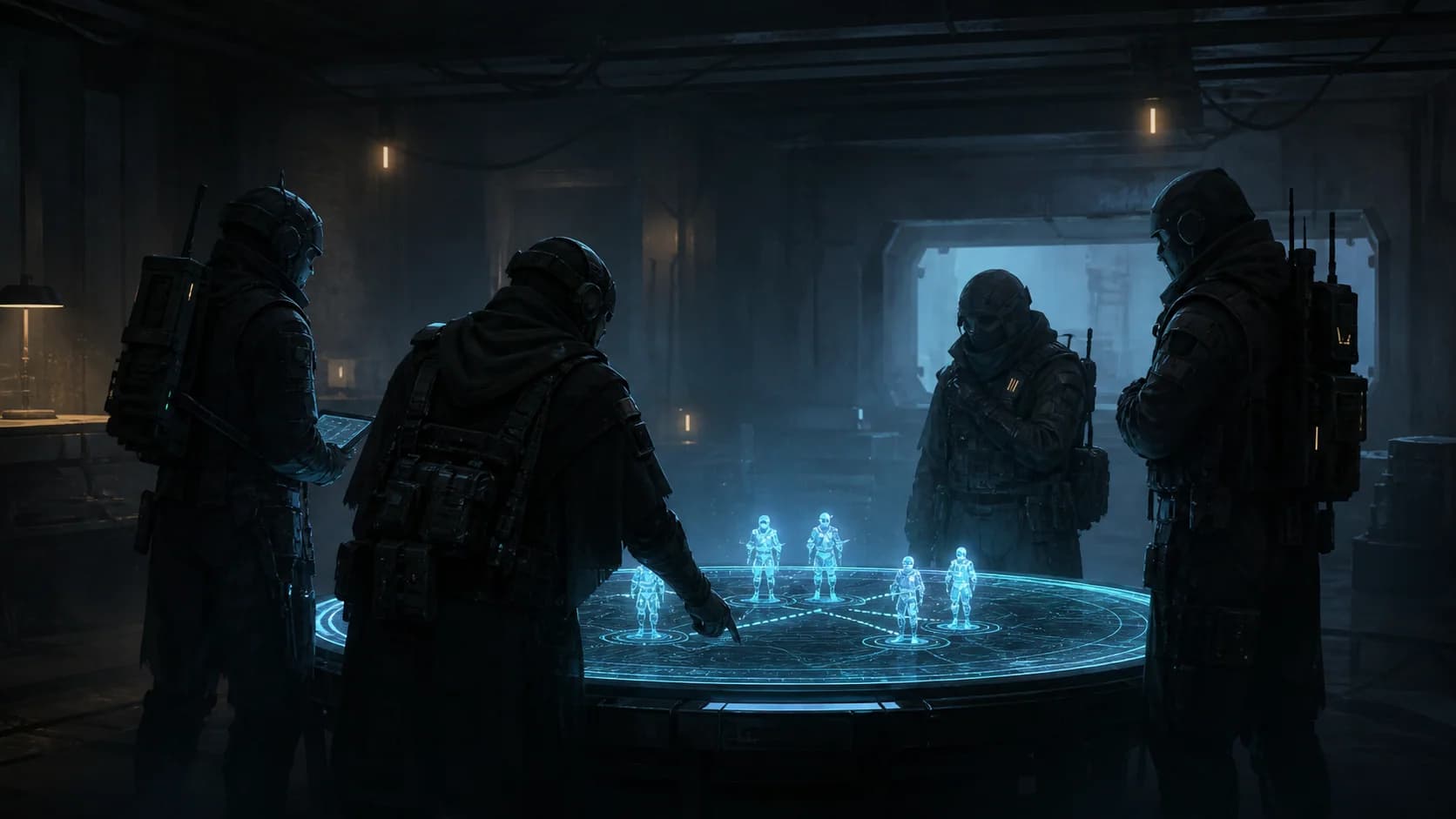 Original concept illustration of an anonymous science-fiction squad planning around a holographic table