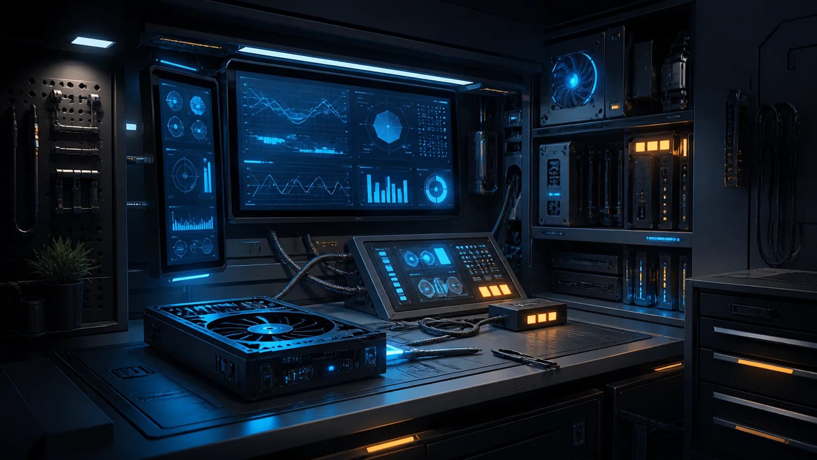 Original concept illustration of a science-fiction diagnostics workstation and hardware bench